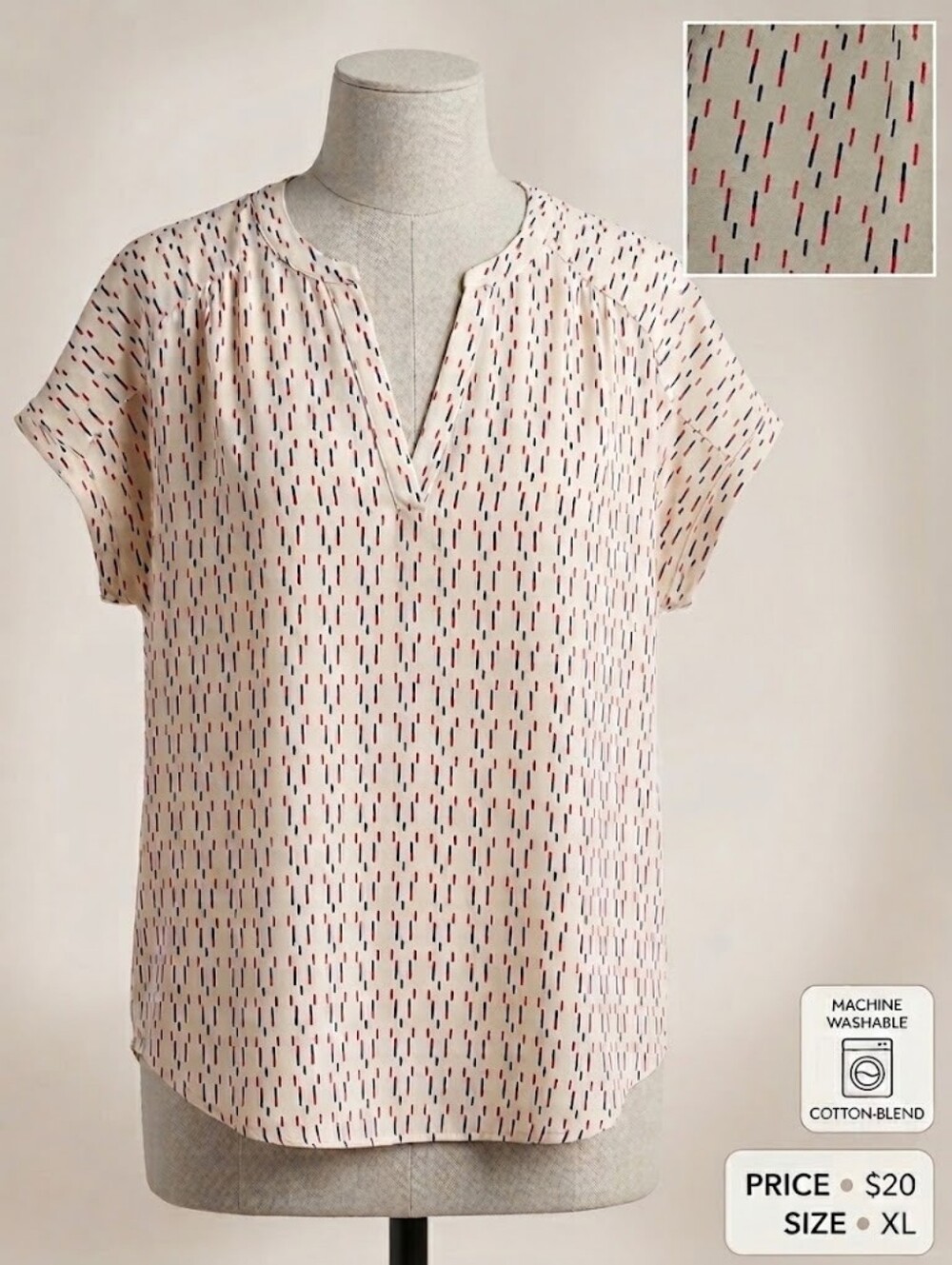 Banana Republic Cream Short-Sleeve V-Neck Blouse with Red and Black Dash Print